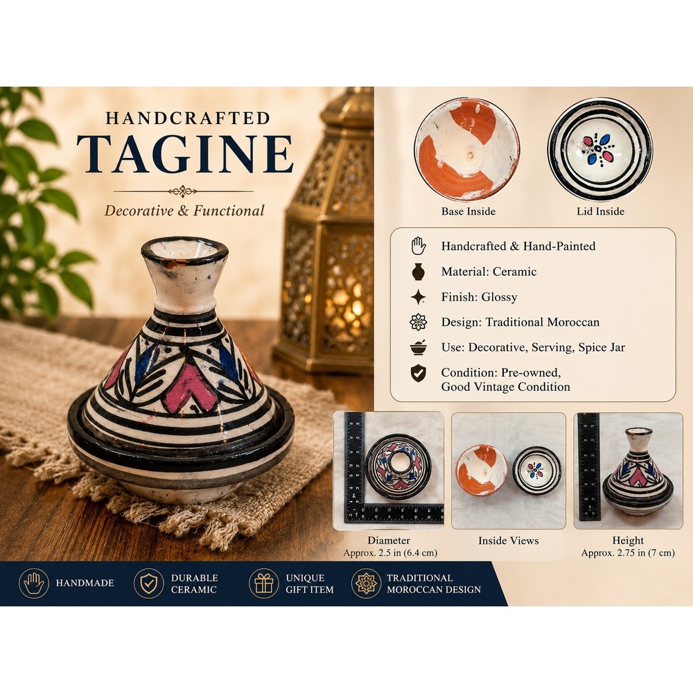 Miniature‎ Moroccan Tagine Hand Painted Terracotta Salt Cellar Spice Dish 3 Inch